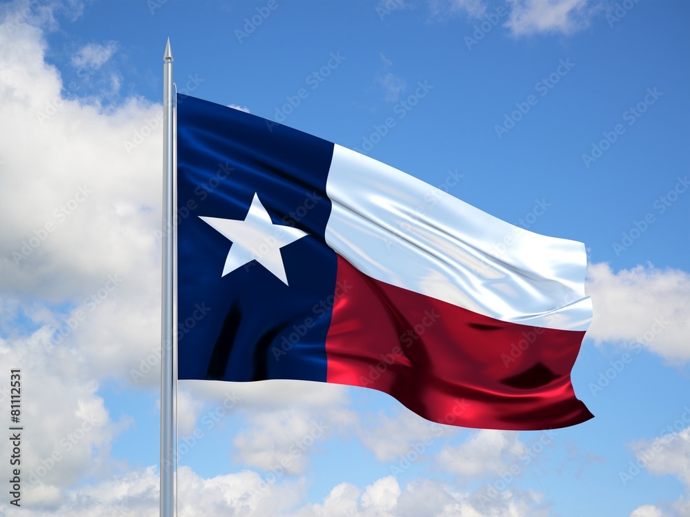Naklejka premium texas 3d flag floating in the wind in blue sky