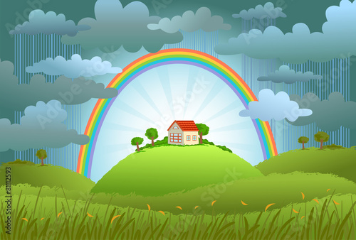 The rainbow protects the small house