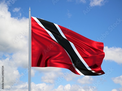 Trinidad and Tobago 3d flag floating in the wind in blue sky