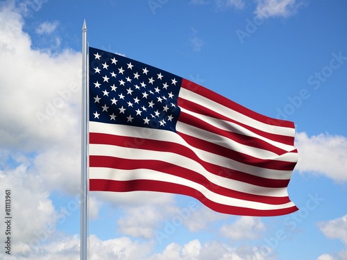 United states 3d flag floating in the wind in blue sky