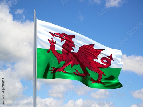 Wales 3d flag floating in the wind in blue sky