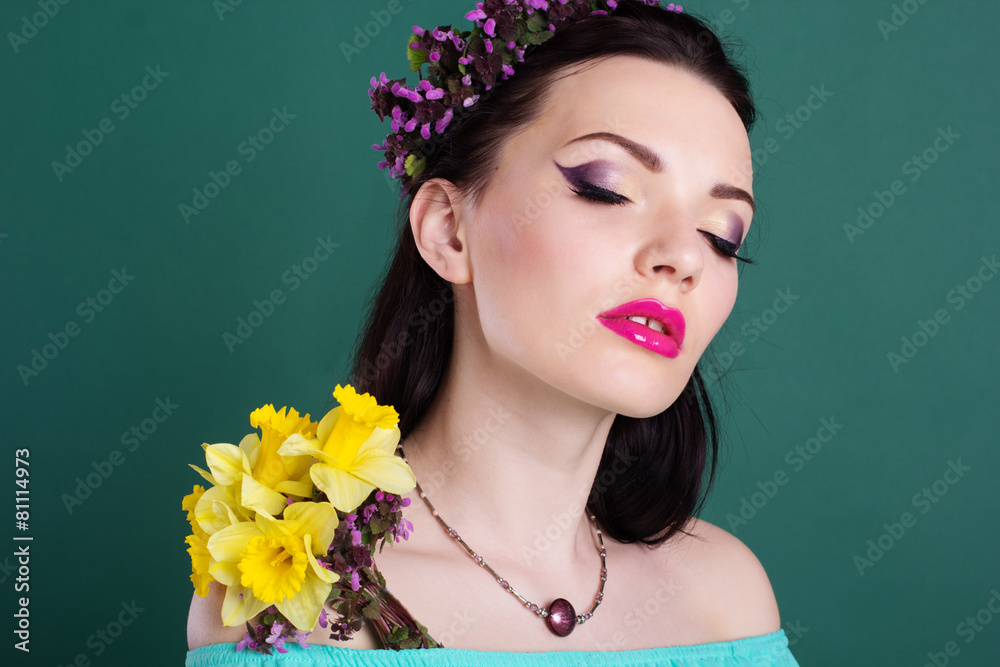 Fototapeta premium Pretty girl with purple flowers wreath in hair