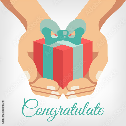 Vector congratulation flat illustration with gift box in hands