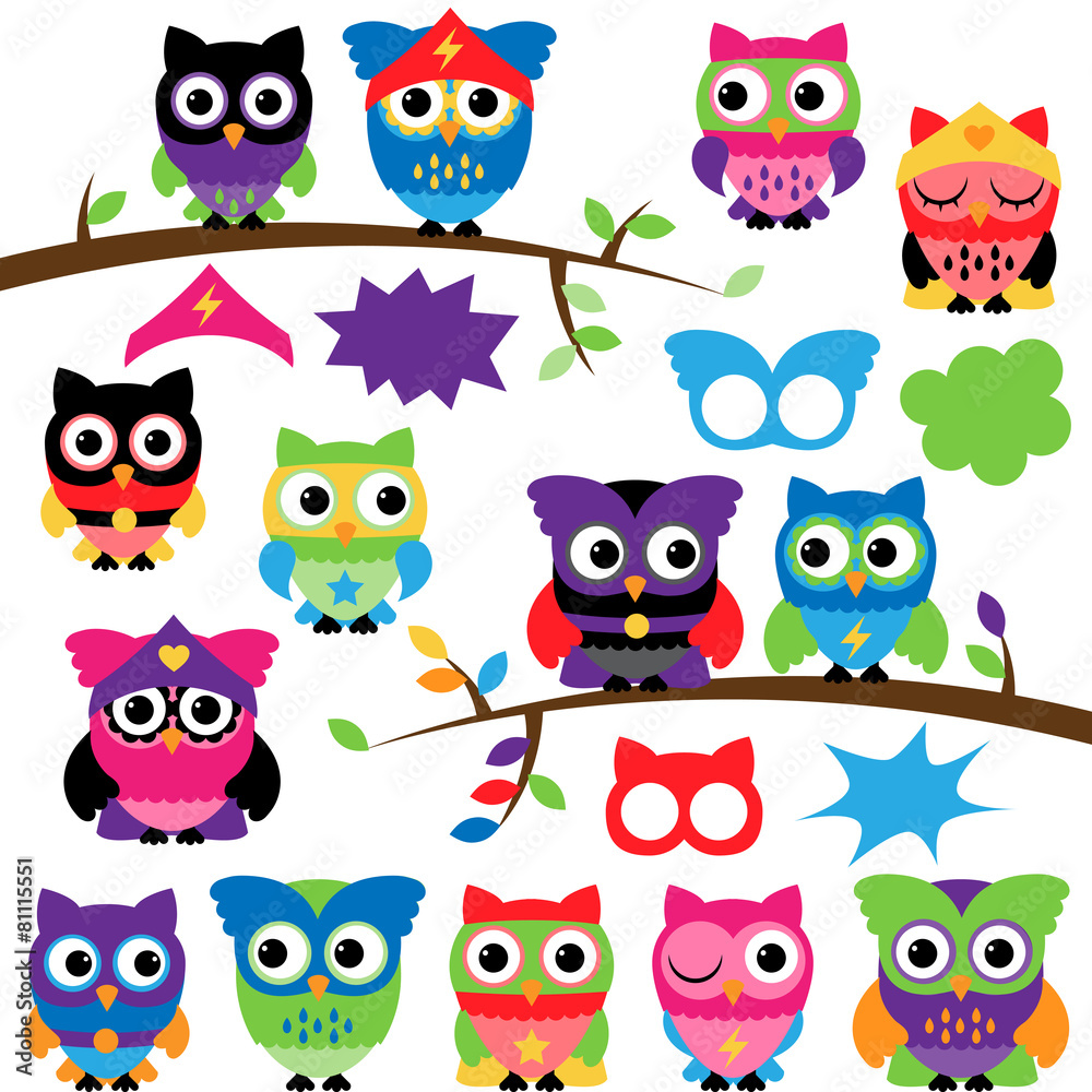 Vector Set of Superhero Owls with Branches and Speech Bubbles