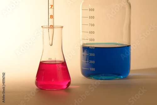 Erlenmeyerkolben mit Bürettenspitze  und Laborflasche