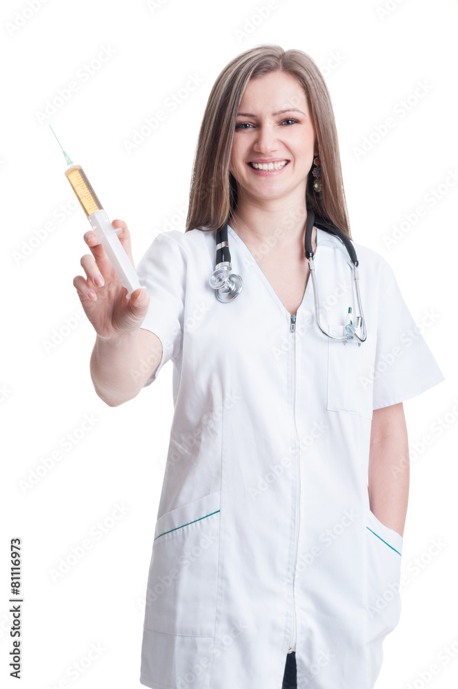 Woman doctor holding a syringe Woman doctor holding a syringe
