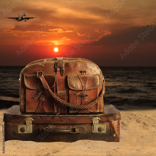  baggage on a beach. Concept for travel agents