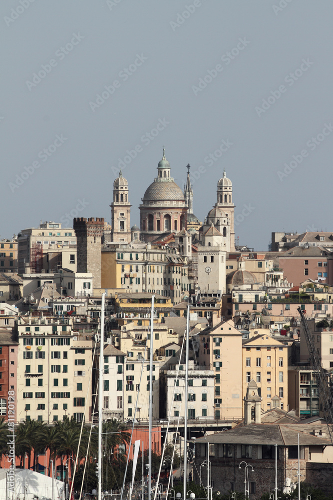 City and temple on hill. Genoa, Italy