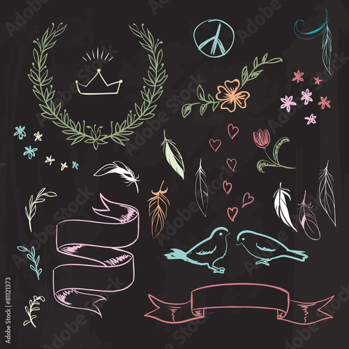 Vector hand drawn spring graphic set on blackboard.