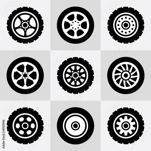 Tires and wheels icons set