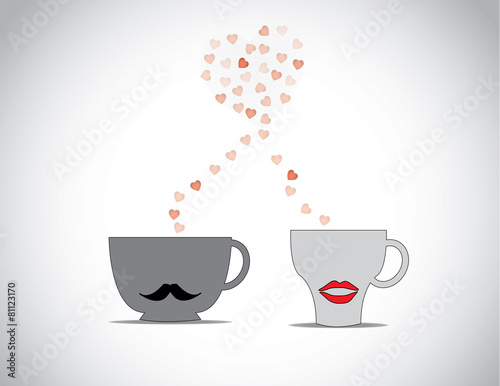 two coffee cups with black mustache & red lips with red flying h