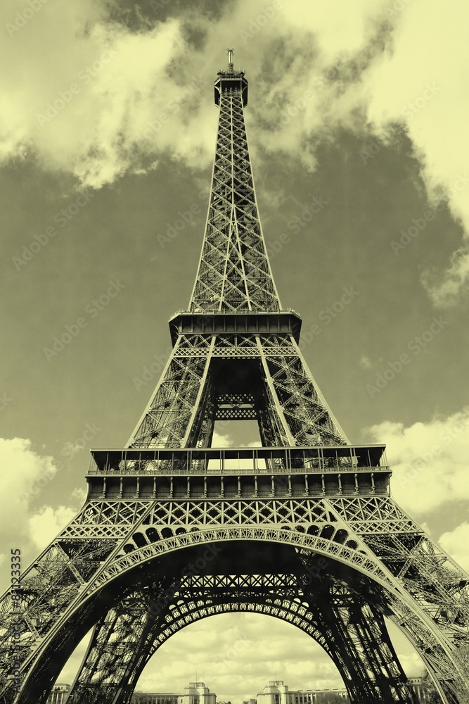 General view of Eiffel tower in Paris with old postcard effect