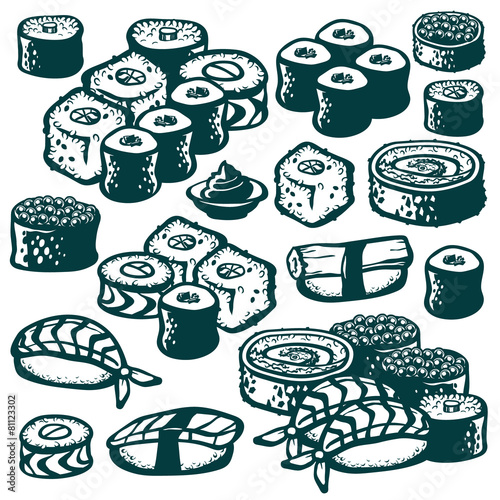 Set of various sushi illustrations isolated on white