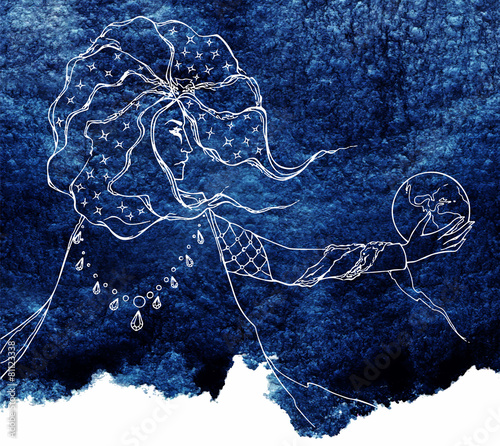 Watercolor astrologer blue night lineart