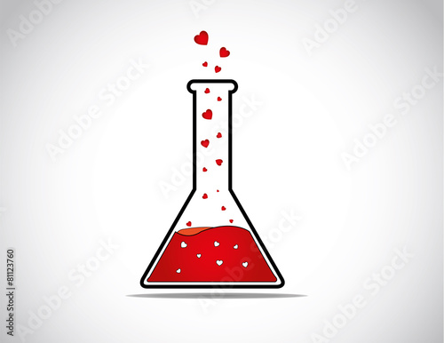 lab glass beaker or test tube with red liquid producing heart sh