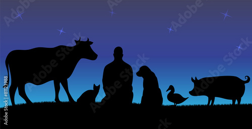 Vegan man with friends animals with blue night background
