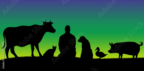 Vegan man with friends animals with green background