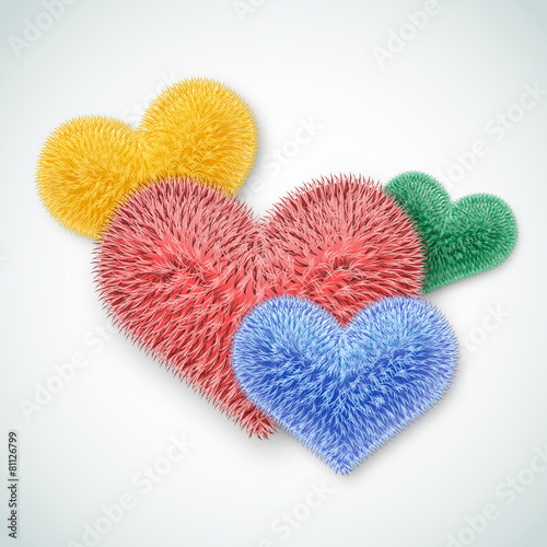 Valentine card. Several multi-colored fluffy hearts.