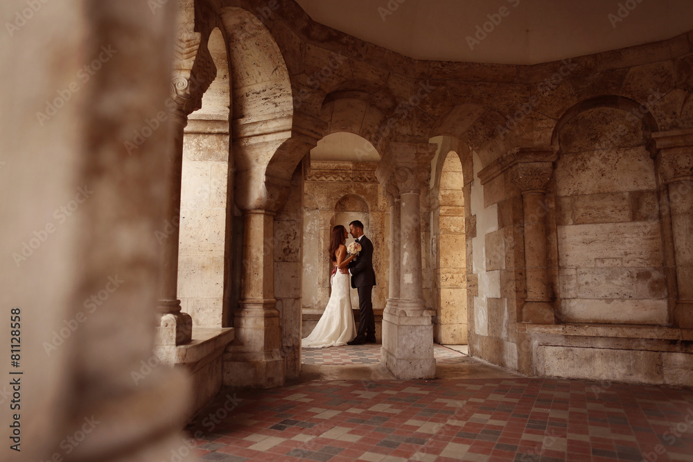 Bride and groom surrounded by beautiful architecture