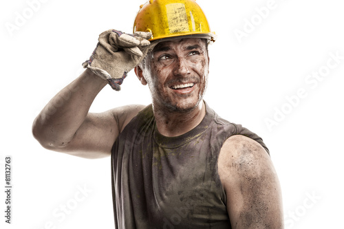 Photography Young dirty Worker Man With Hard Hat helmet