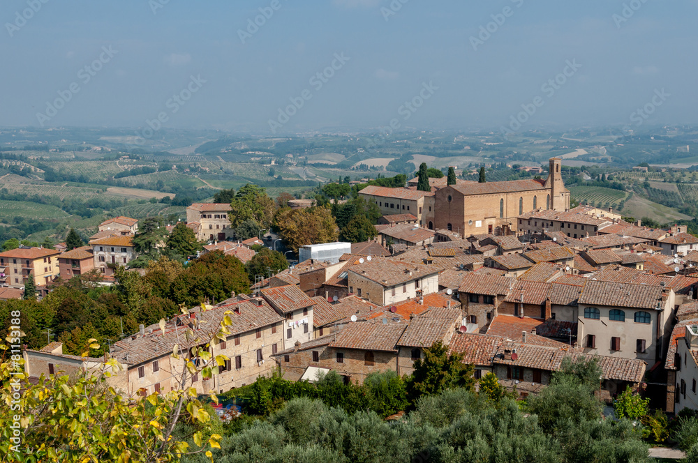 Panoramic view and Sant Agostino church at San Gimignano