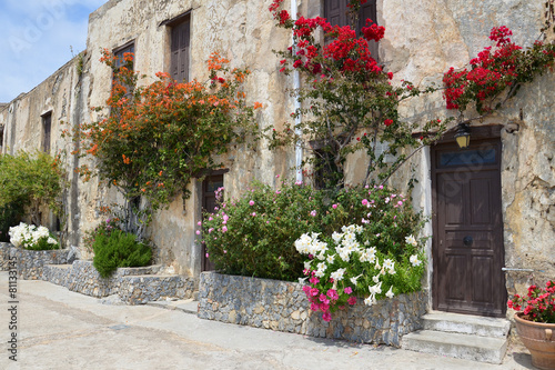 Stone wall with door, windows and beautiful flowers