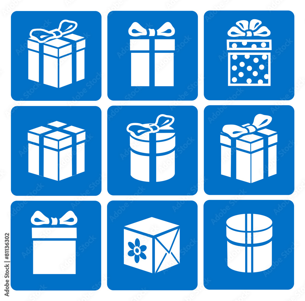 Gift box icons set on blue background Gift box icons set on blue background