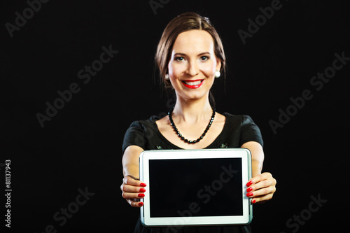 woman retro style showing tablet