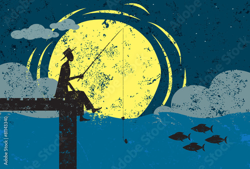 Fishing on a dock in moonlight