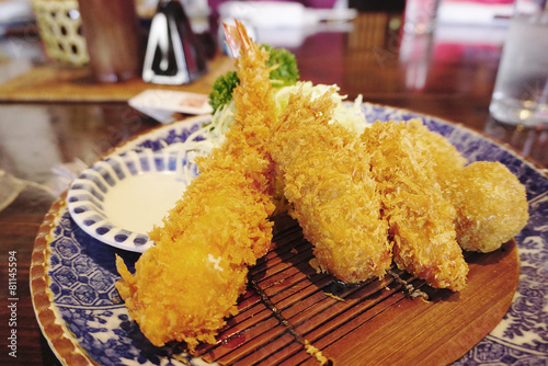 deep fried shrimp Japanese style on bamboo and traditional patte photo