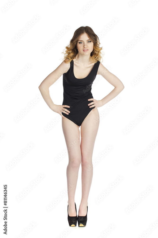 Model Tests, Young slim woman posing in black leotard