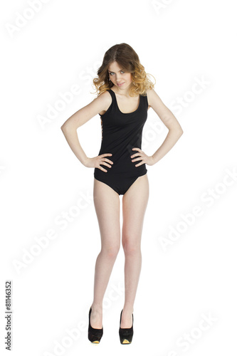 Model Tests, Young slim woman posing in black leotard