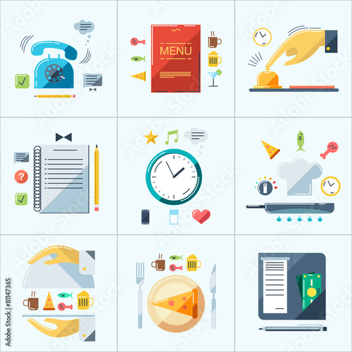 Cafe, restaurant, hotel service. Flat color vector illustration.