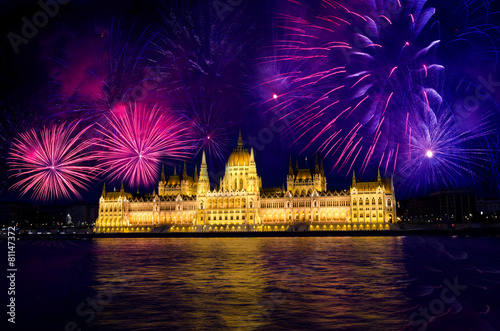 Fireworks and Hungarian parliament, Budapest