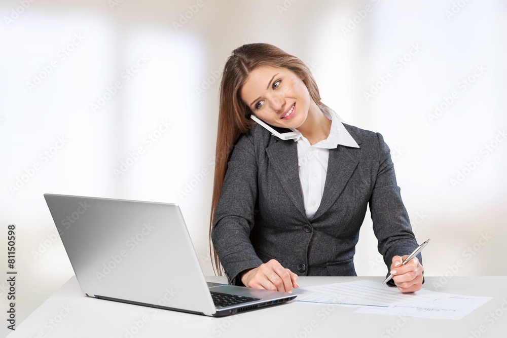 Arrow. Business woman sitting at white table with hand drawn Arrow. Business woman sitting at white table with hand drawn