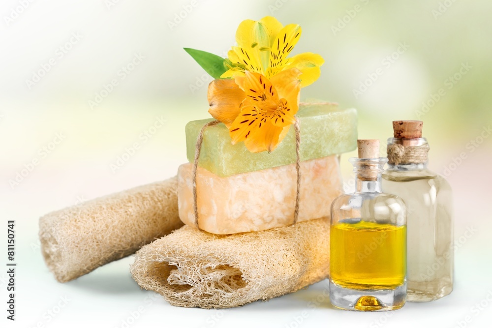 Alternative. Spa still life with soap,sponge and cosmetic oil