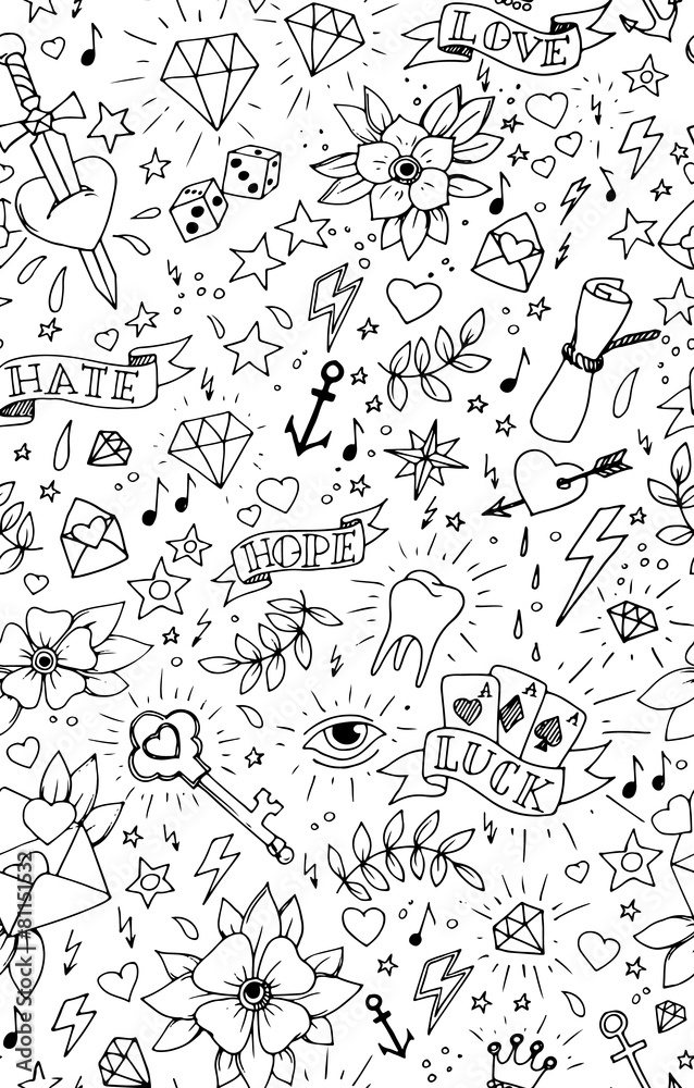 Hand drawn tattoo seamless pattern Hand drawn tattoo seamless pattern