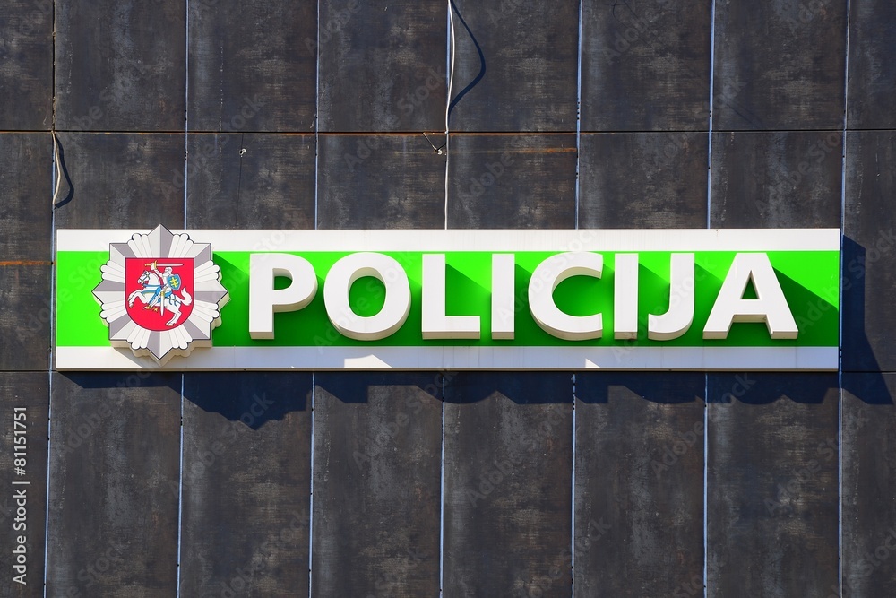 Sign of police on the office house in Pasilaiciai