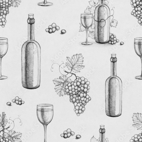 Seamless pattern with pencil drawings of wine bottle and grape