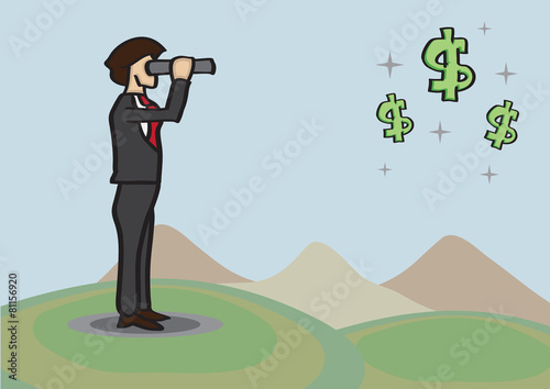 Businessman Spots Money Opportunities in Distance with Telescope