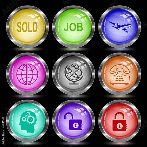 sold, job, airliner, globe and gears, push-button telephone, hum