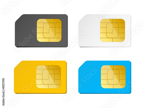 four sim cards black, white, blue, yellow