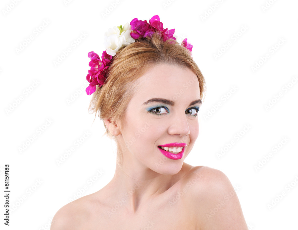 Portrait of young woman with flowers in hair isolated on white Portrait of young woman with flowers in hair isolated on white