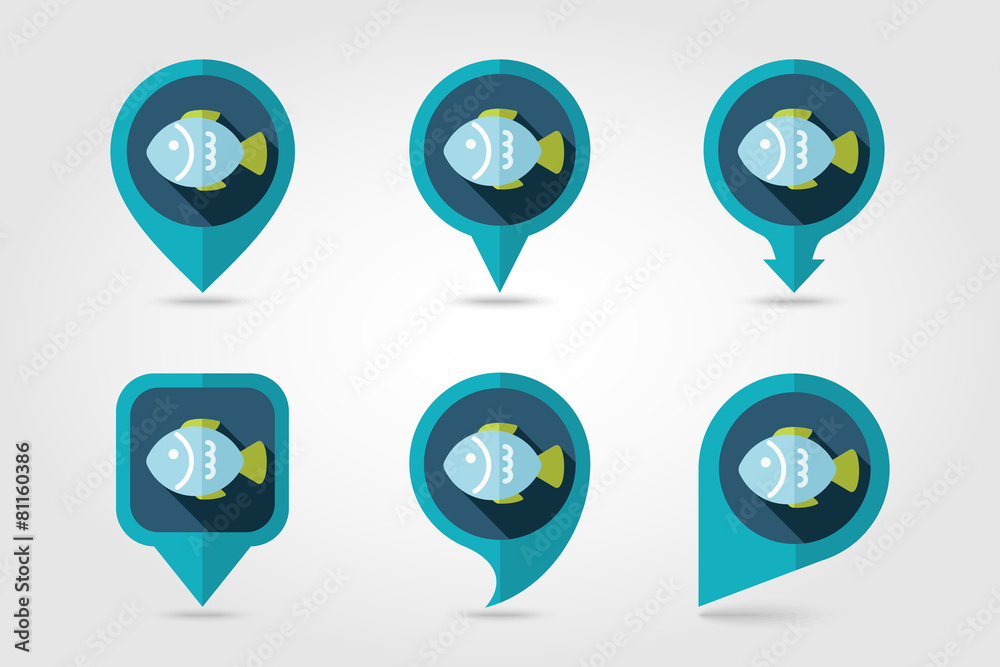 Fish flat mapping pin icon with long shadow Fish flat mapping pin icon with long shadow