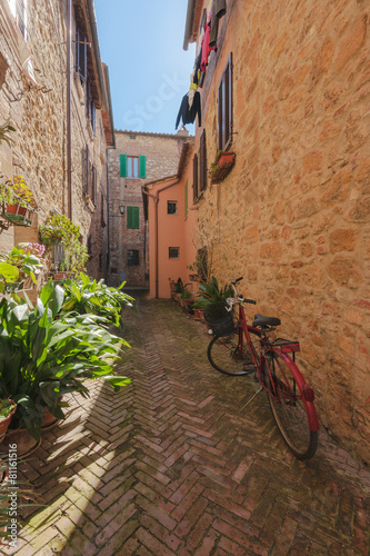 The red bike  in the Italian alley  in the Tuscan town