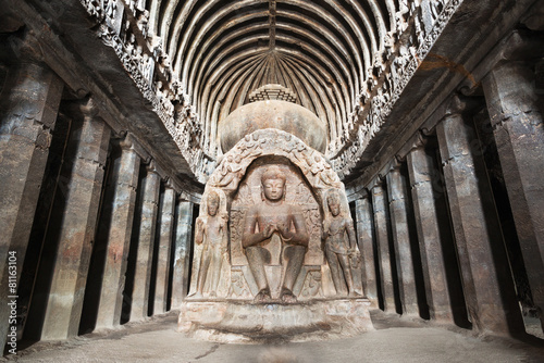 Ellora Cave with Buddha statue inside in Maharashtra, India