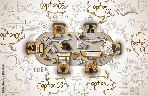 Infographics Teamwork with Business doodles Sketch background: