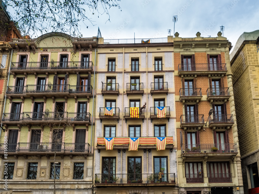 Barcelona homes with flags of Catalonia