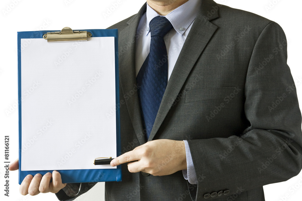 Businessman holding blank sheet of paper Businessman holding blank sheet of paper