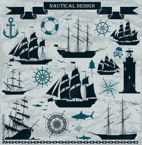 Set of sailing ships with nautical elements.